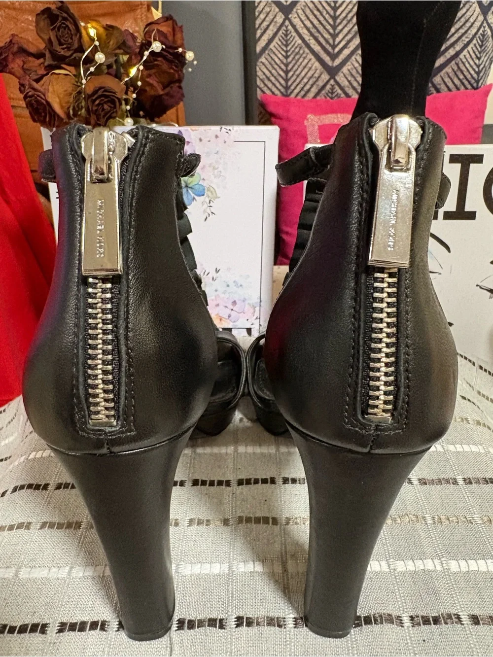 Michael Kors Bella Open Toe Ruffled Leather Platform Sandal Black, Size 6 M